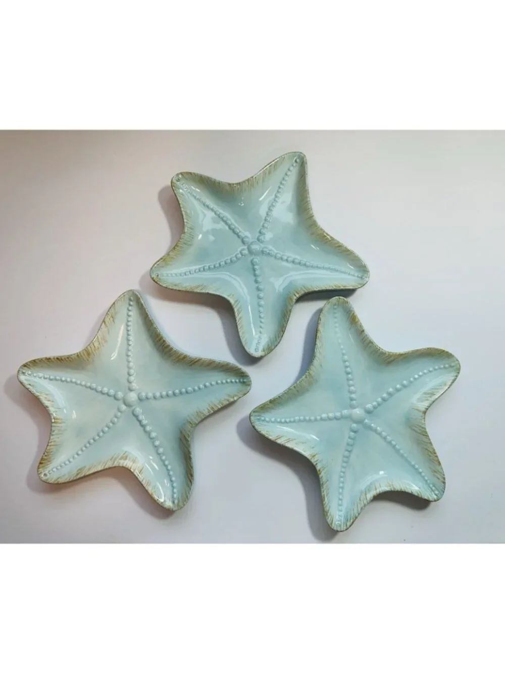 Blue Sky 2007 Starfish Set Of 3 Snack Plate Trinket Dish Beach Decor Aqua 8”